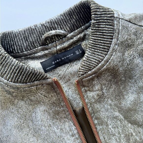 Zara Woman Silver Foiled Metallic Bomber Jacket Size S - Picture 12 of 16